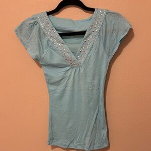 Express Light Blue Embellished V-Neck Tee
